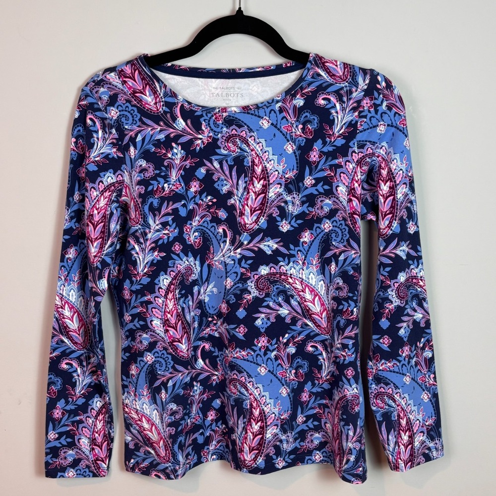 The Talbots Tee Women's Blue Purple Floral Paisley Cotton Long Sleeve Petite Sm